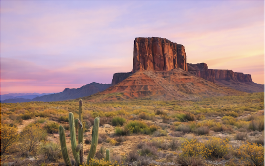 Arizona desert landscape with saguaro cactus and red rock formations representing assisted living costs in Arizona
