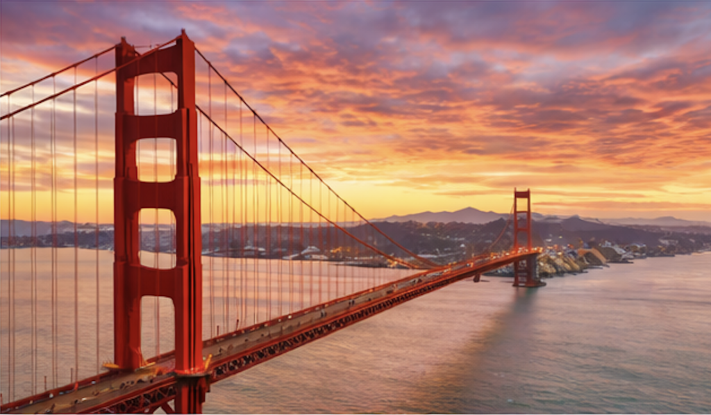 Golden Gate Bridge at sunset representing assisted living costs in California
